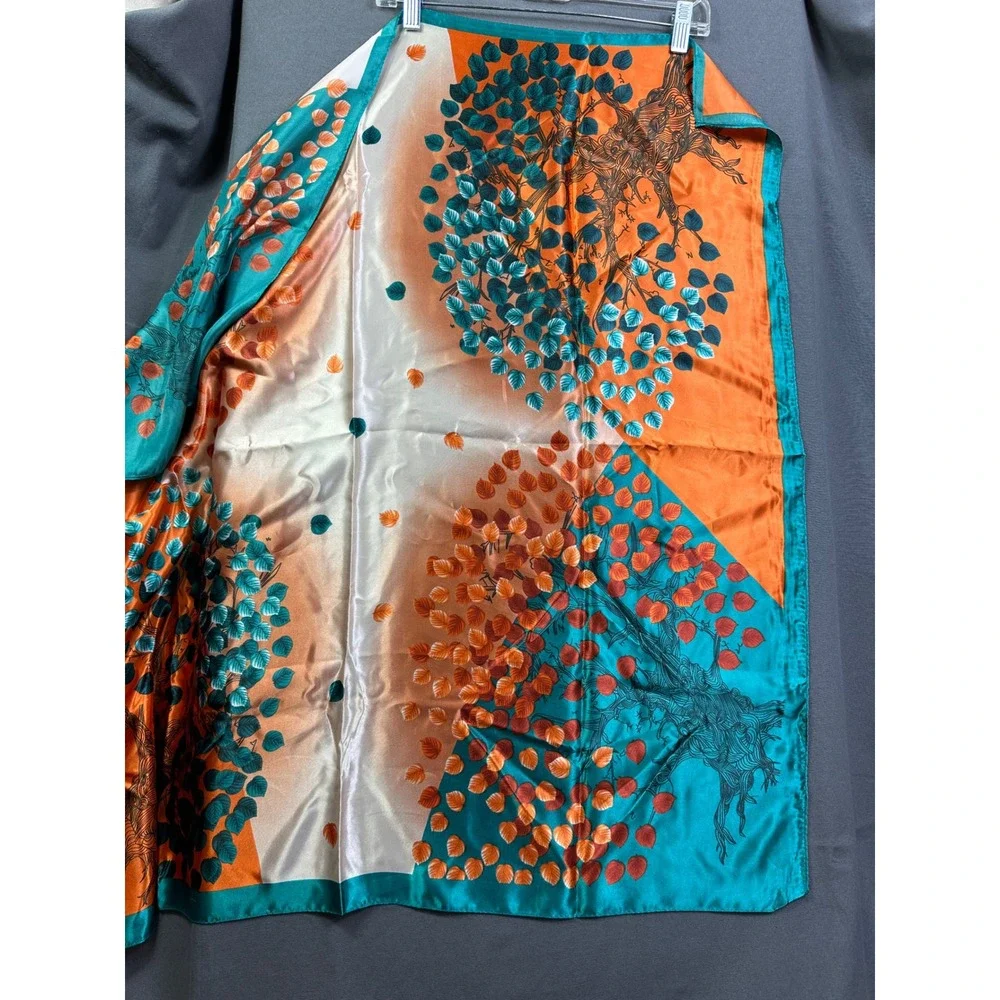 Vintage Tree Leaf Print Square Scarf Teal Orange Cream Botanical Silk Feel 35x34